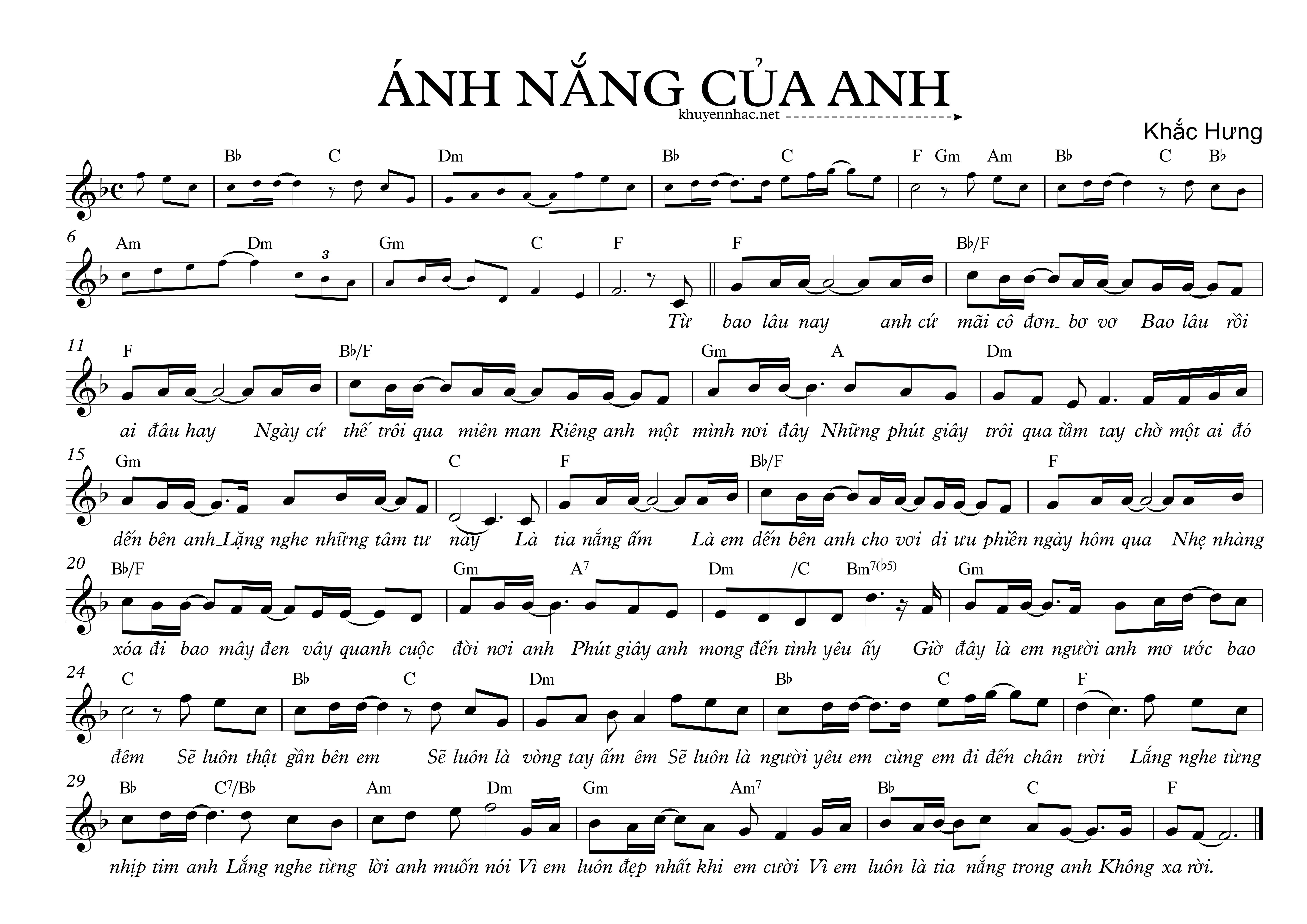 Sheet nhạc Ánh Nắng Của Anh - Khắc Hưng - trang 1