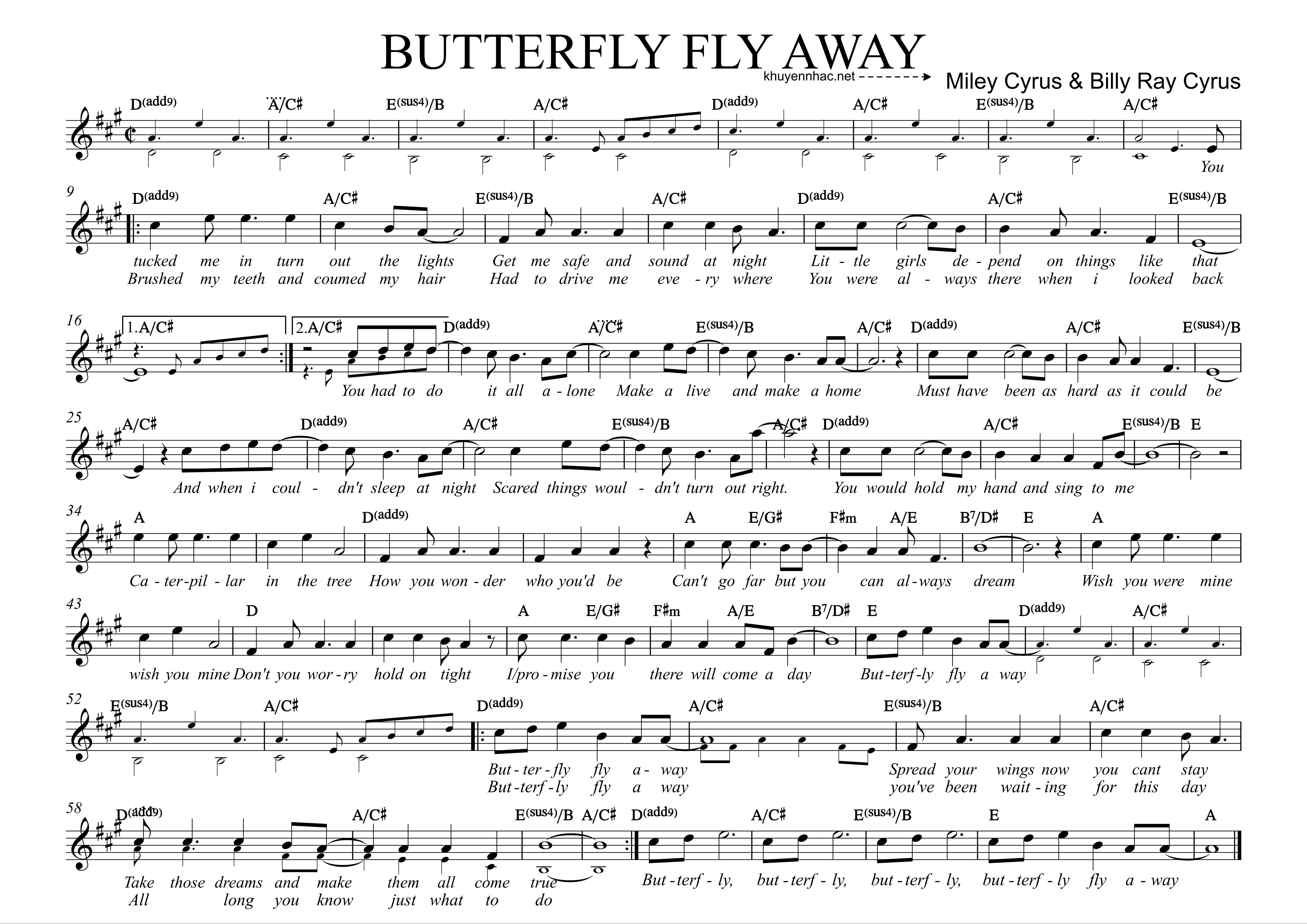Sheet nhạc Butterfly Fly Away 3 - Miley Cyrus and Billy Ray Cyrus - trang 1