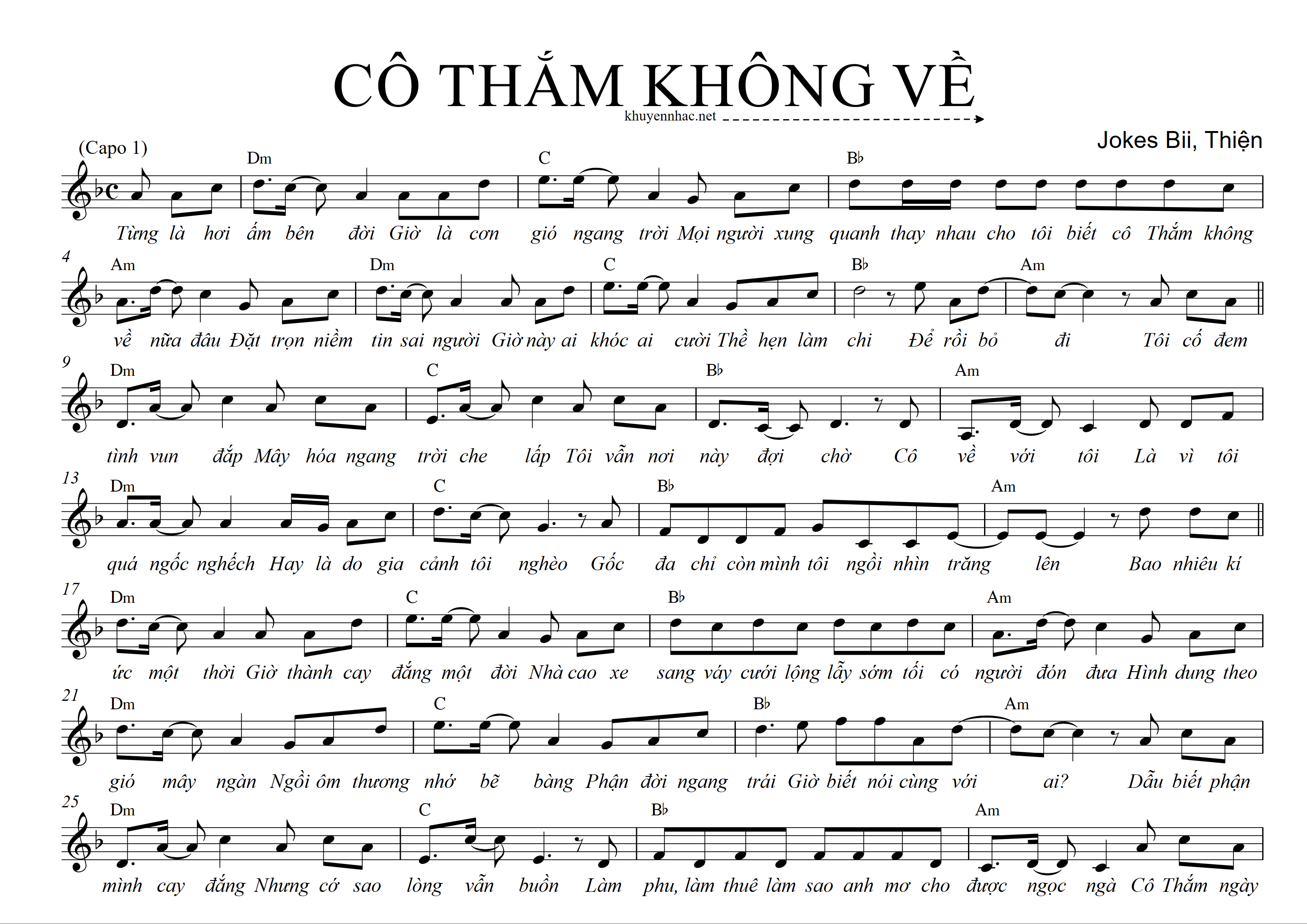 Sheet nhạc Cô Thắm Không Về - JokeS Bii - trang 1