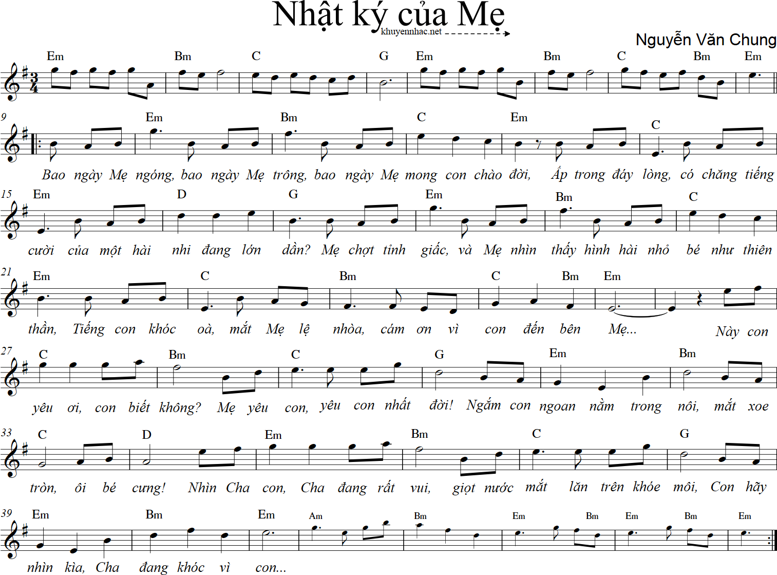 Sheet nhạc Nhật ký của mẹ - Nguyễn Văn Chung - trang 1